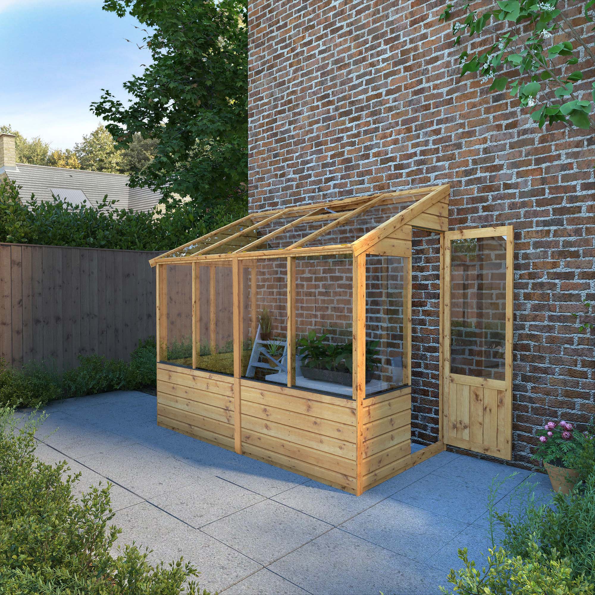 a timber lean-to greenhouse