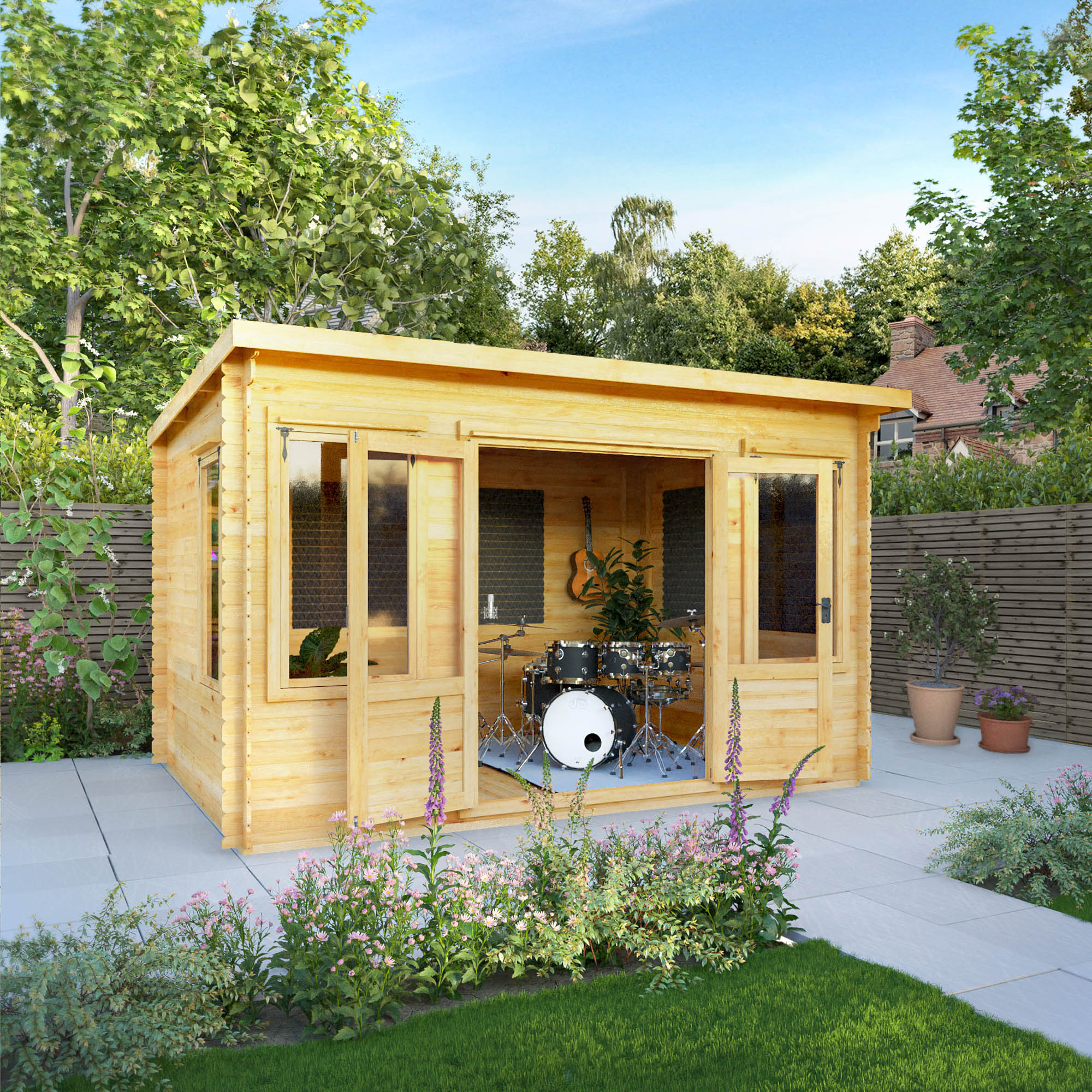 A timber log cabin with double doors, pent roof being used as a music room
