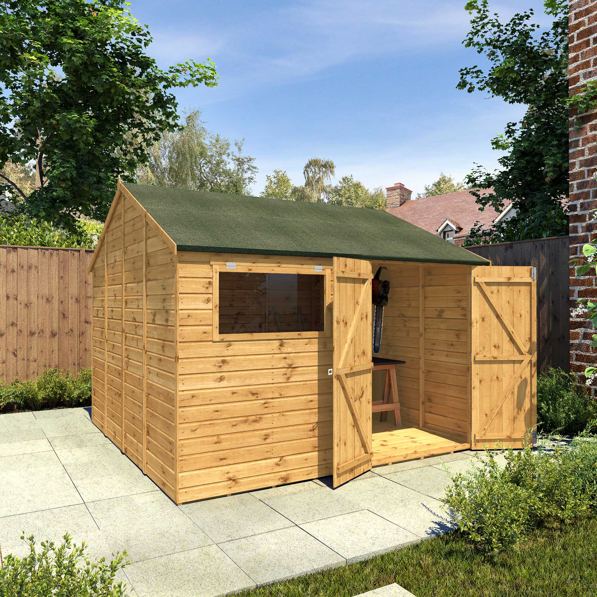 A large timber shed with double doors, apex roof and a window