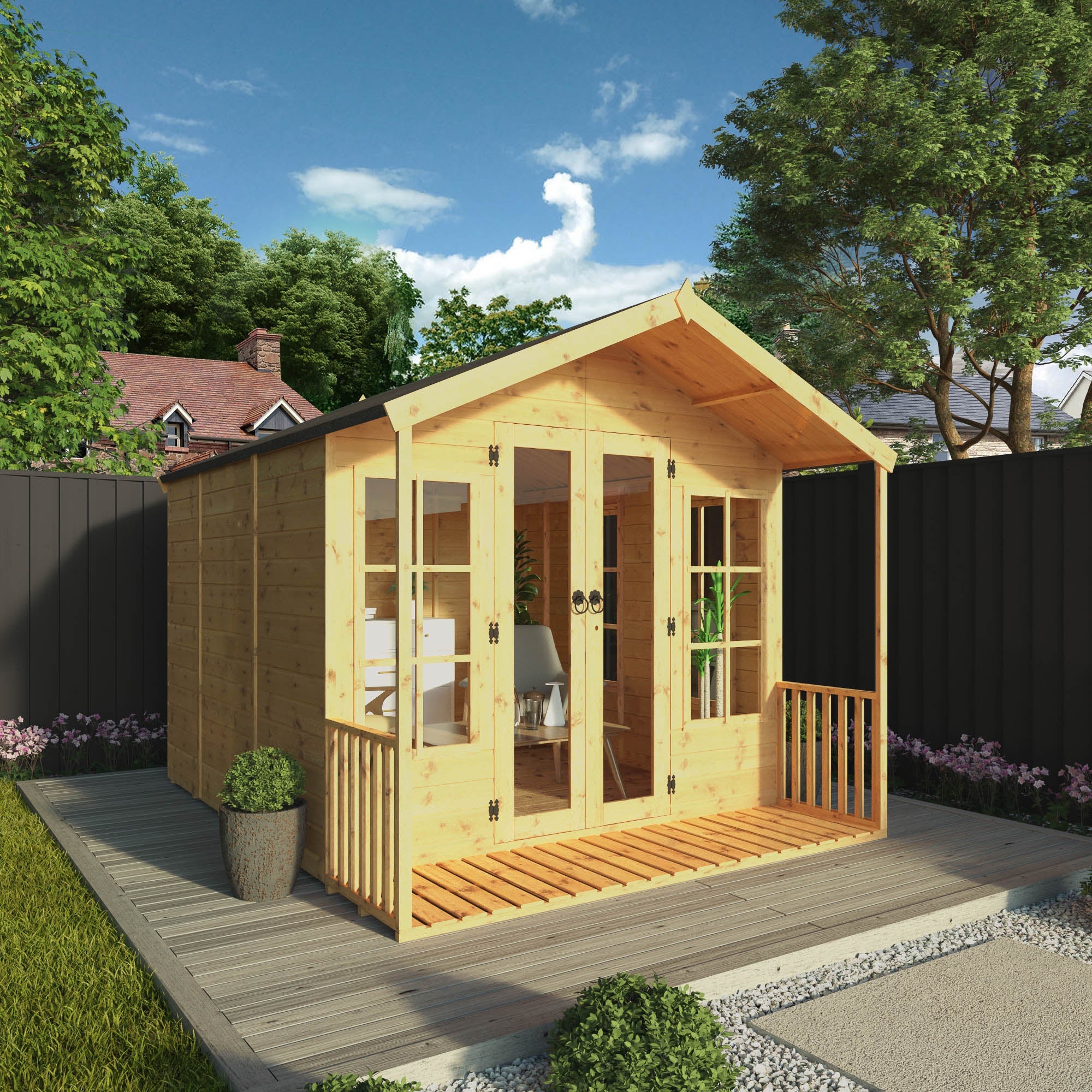 A traditional timber summerhouse with double doors, large windows and a veranda