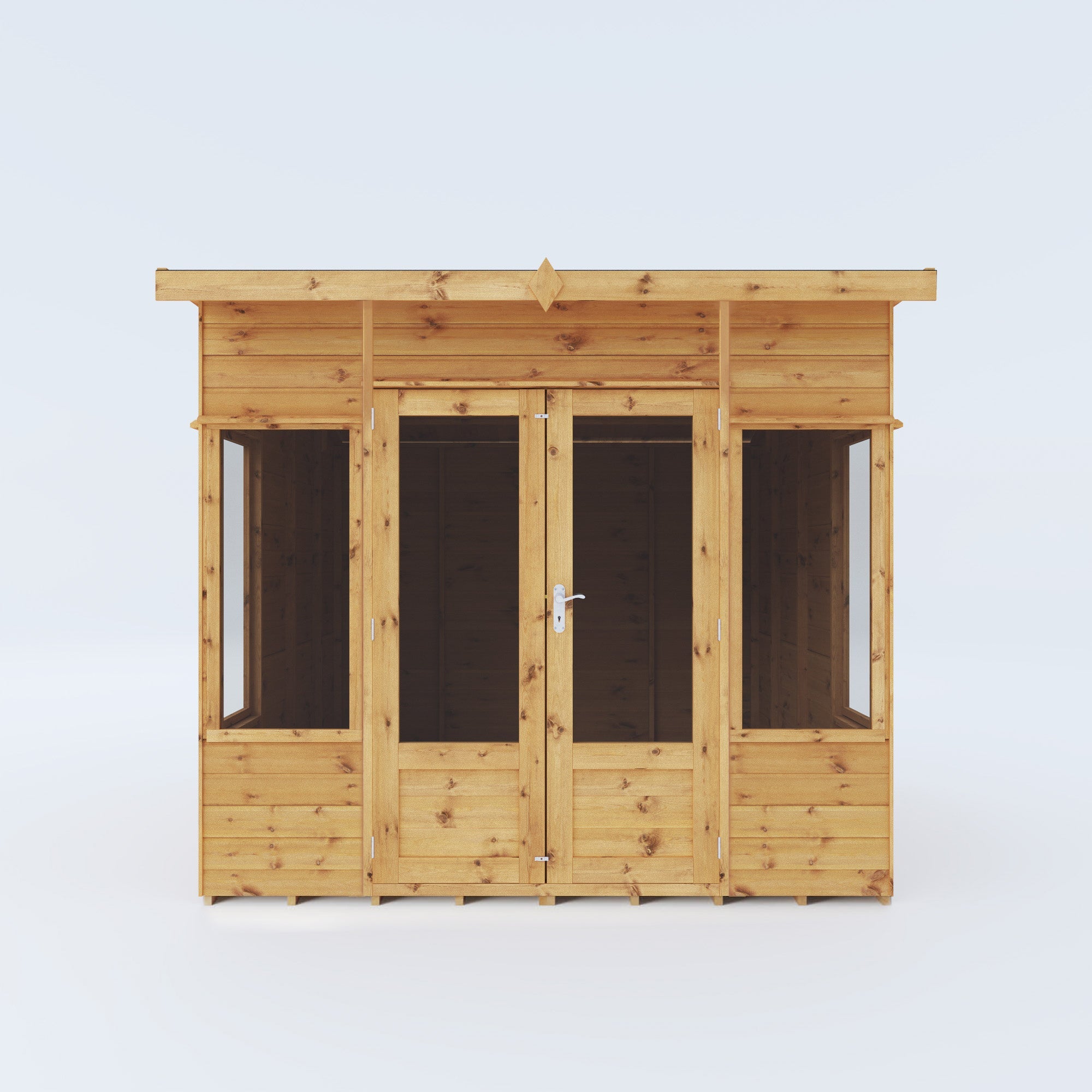 An image of a timber summerhouse with double doors