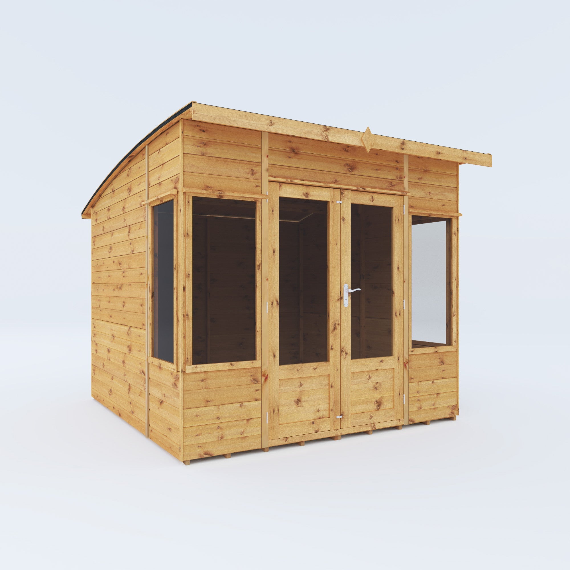 An image of a timber summerhouse with double doors