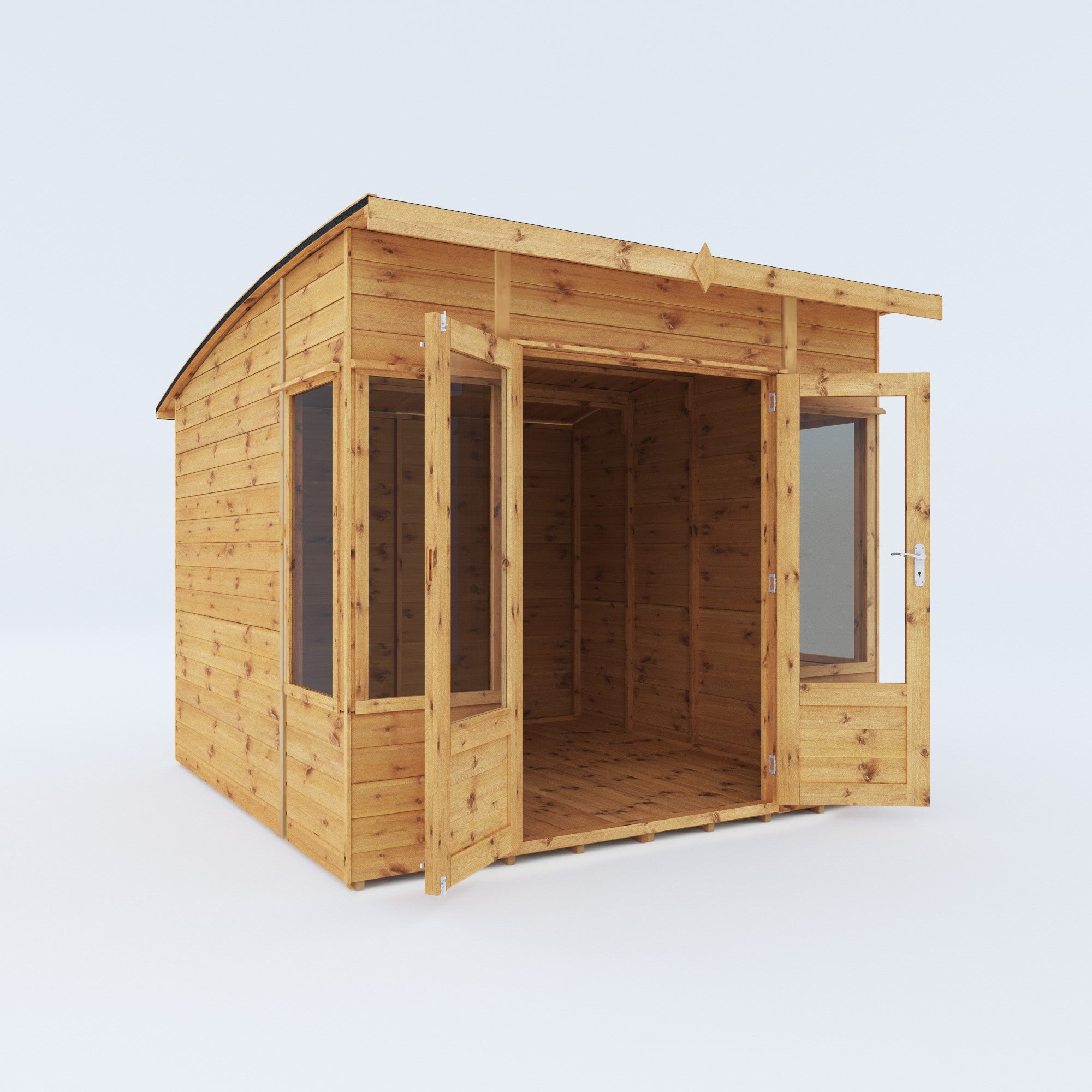 An image of a timber summerhouse with double doors