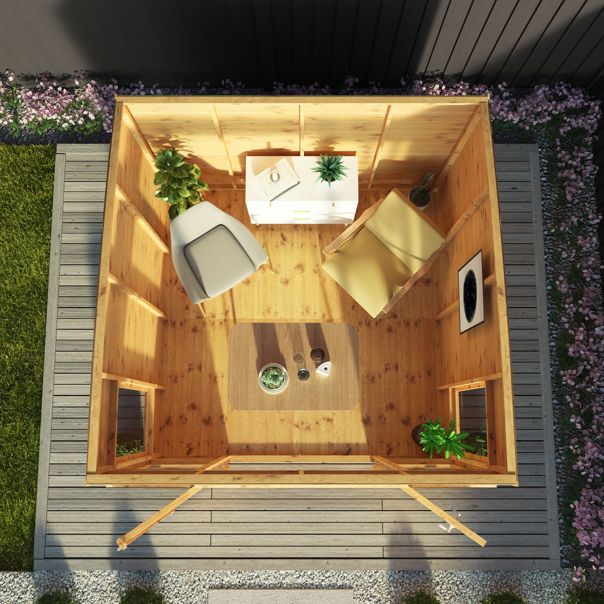 An image of a timber summerhouse with double doors