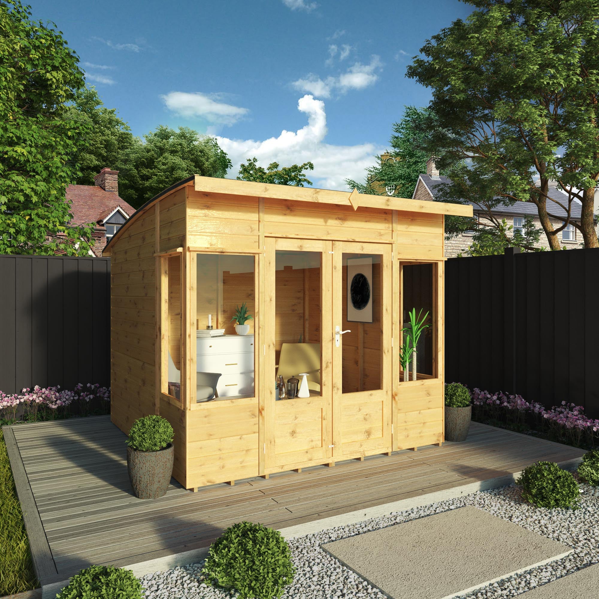 An image of a timber summerhouse with double doors
