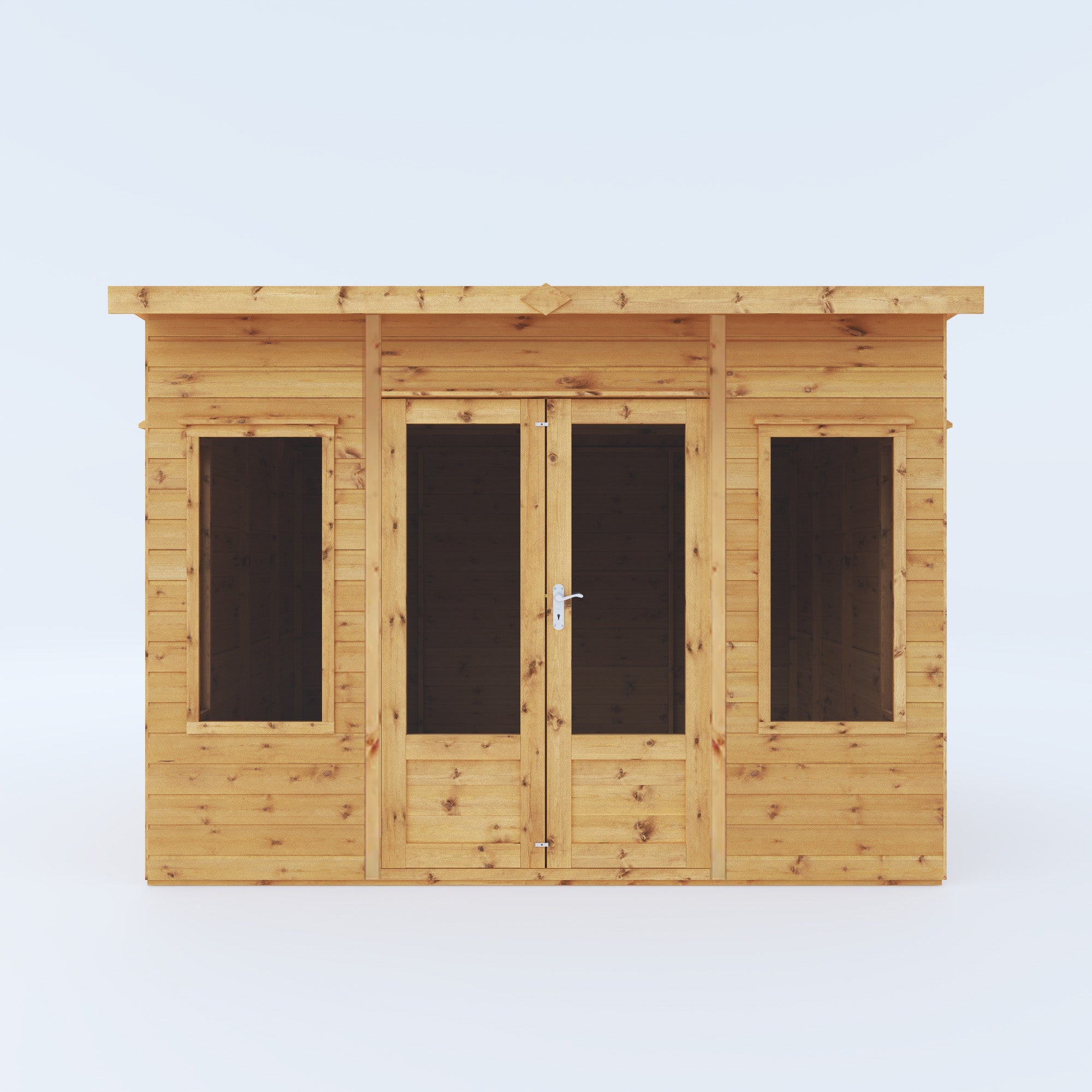 An image of a timber summerhouse with double doors