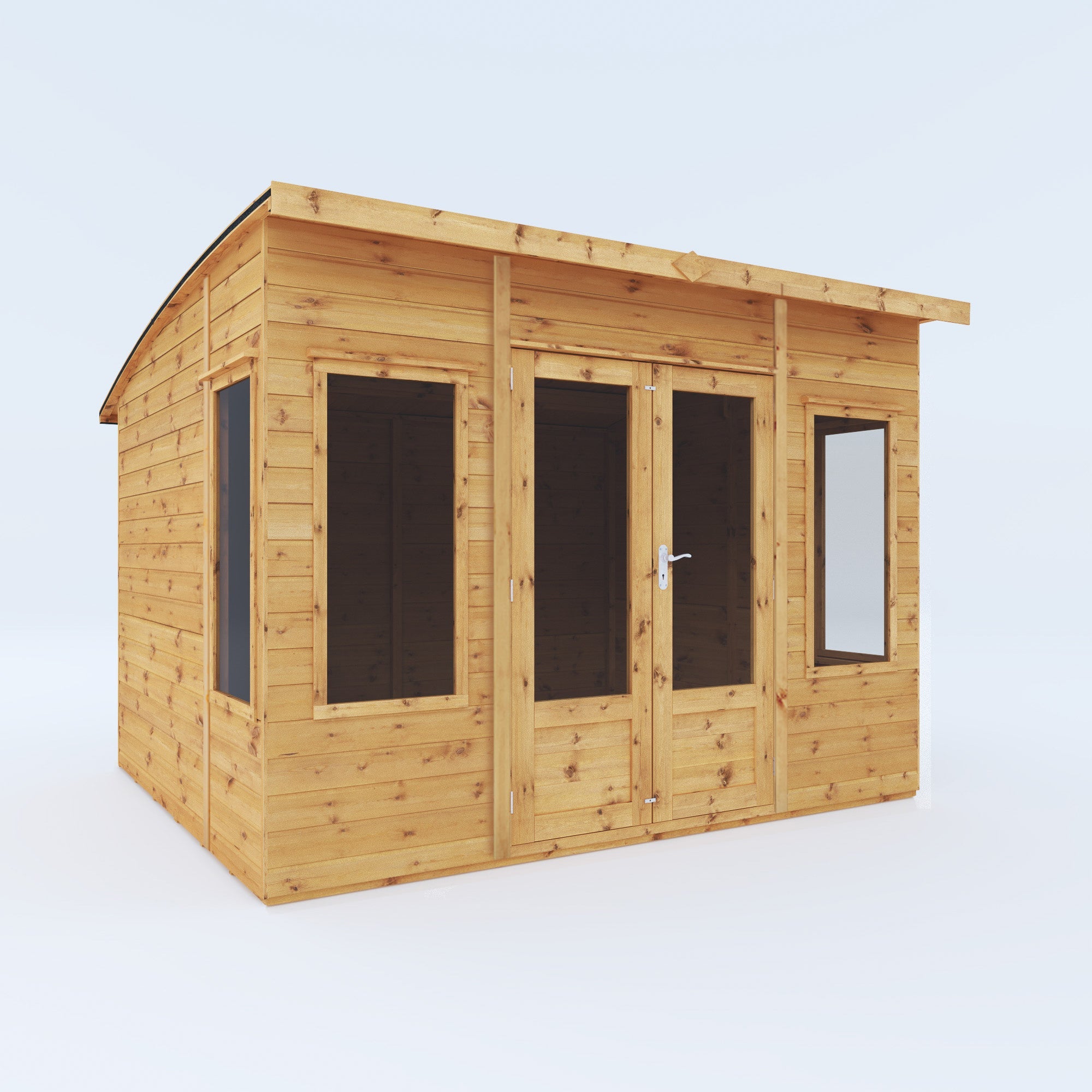 An image of a timber summerhouse with double doors
