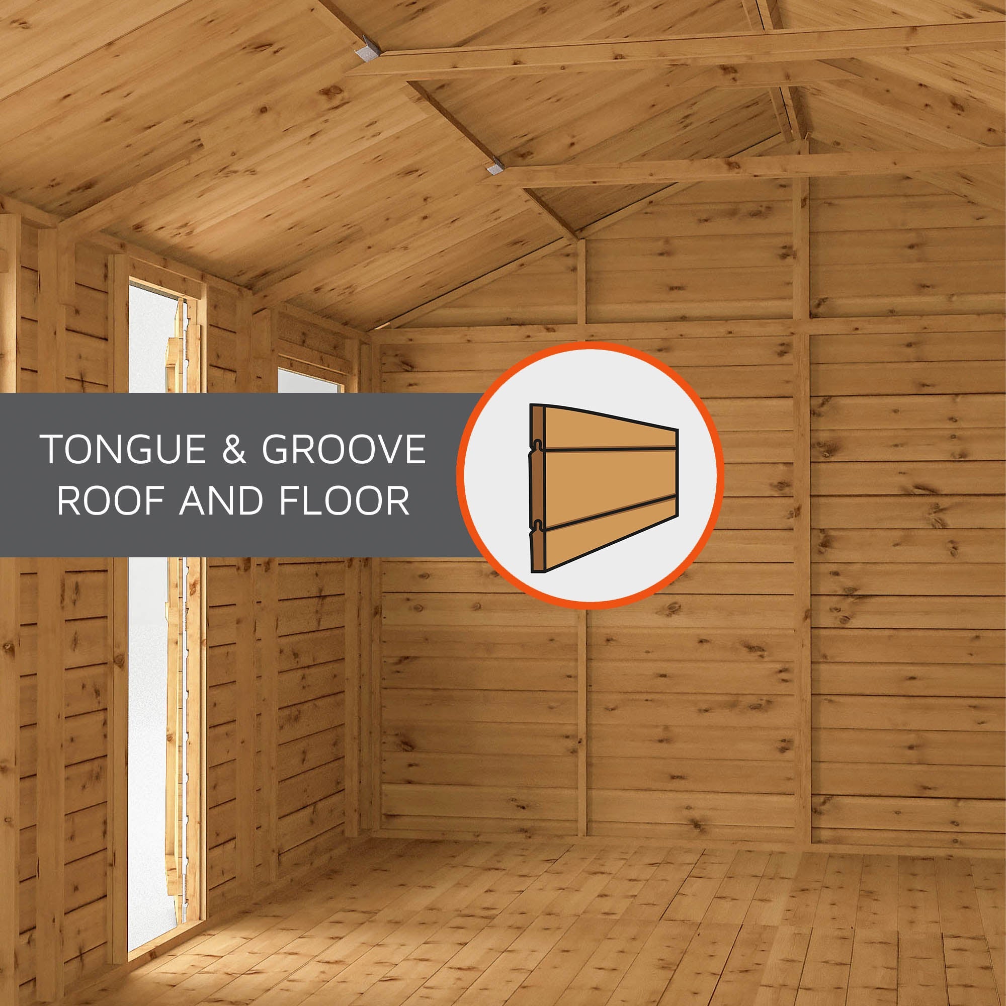 Inside of a shed highlighting the tongue and groove roof and floor