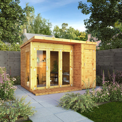 A timber summerhouse with double doors, full length windows and side shed