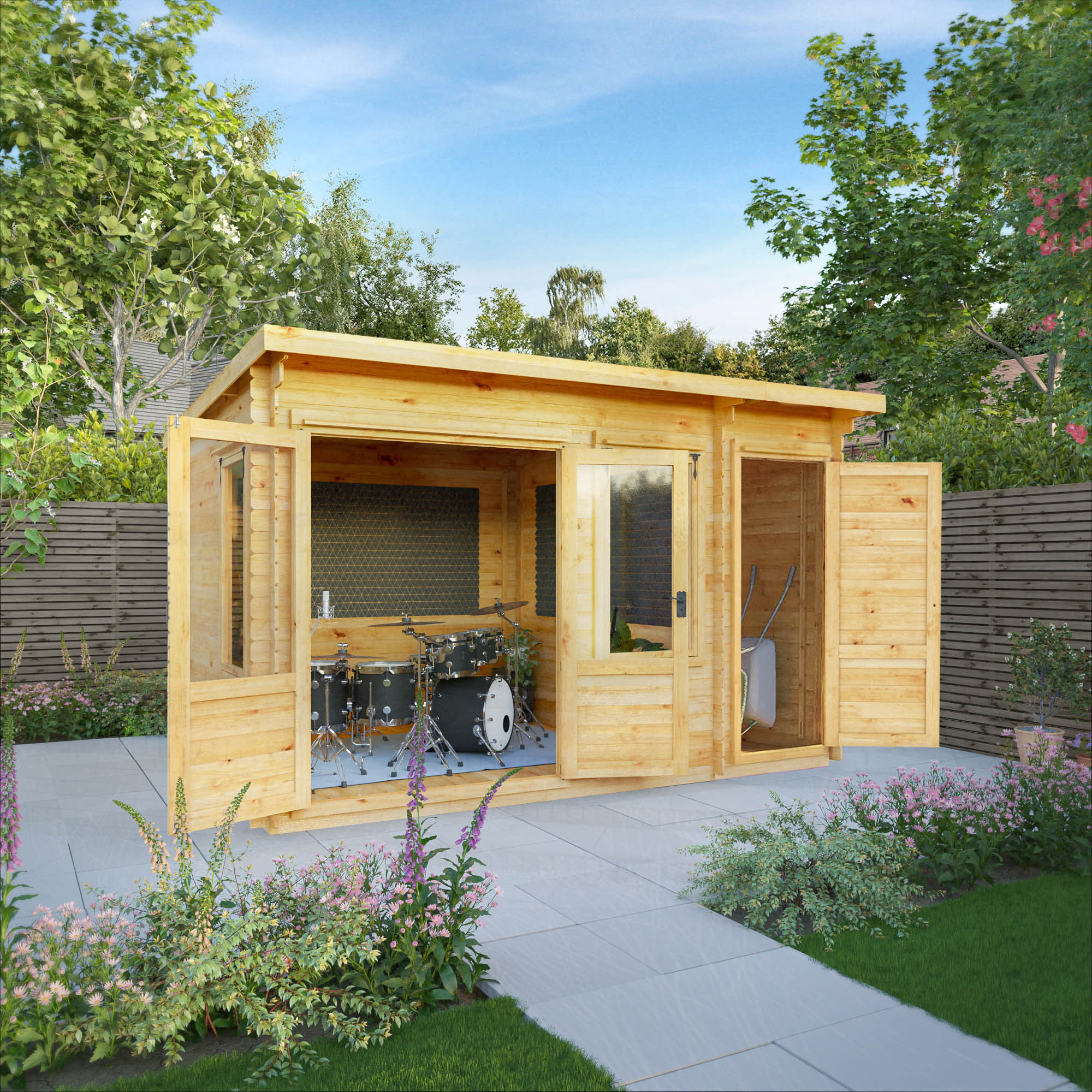 A timber log cabin with pent roof, large windows and double doors and side shed being used as a music room