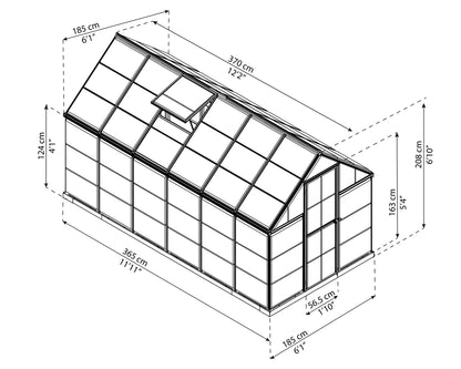 Measurements showing the dimensions of a greenhouse
