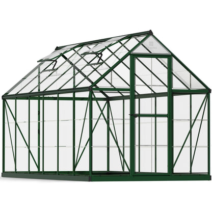 A large greenhouse made up of windows with green framing
