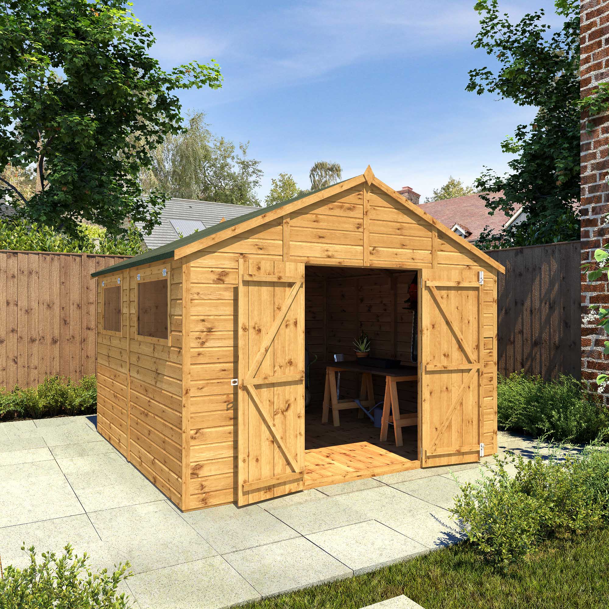 A large timber shed with double doors and windows