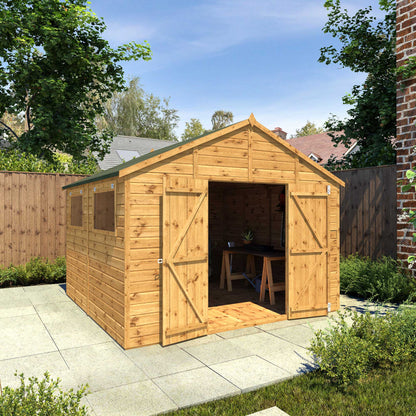 A large timber shed with double doors and windows