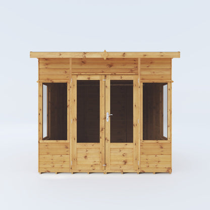 An image of a timber summerhouse with double doors
