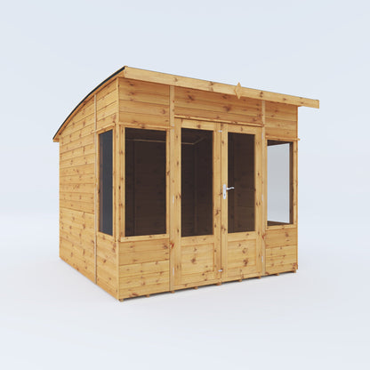 An image of a timber summerhouse with double doors