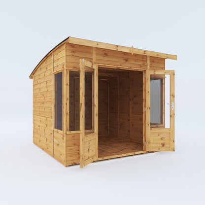 An image of a timber summerhouse with double doors