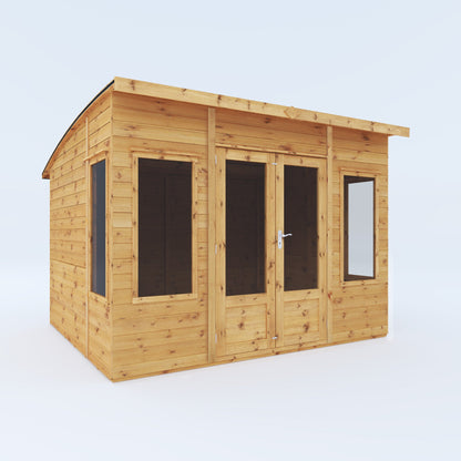 An image of a timber summerhouse with double doors